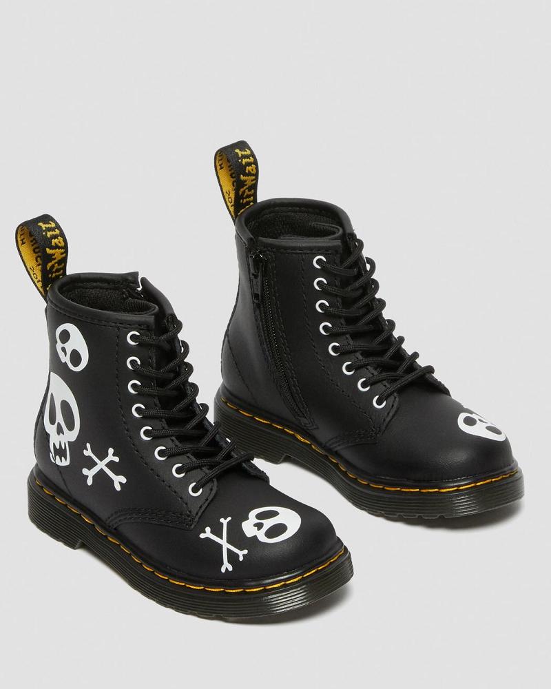 Kids' Dr Martens Toddler 1460 Skull & Bones Leather Lace Up Boots Black / White | AU 704AHK